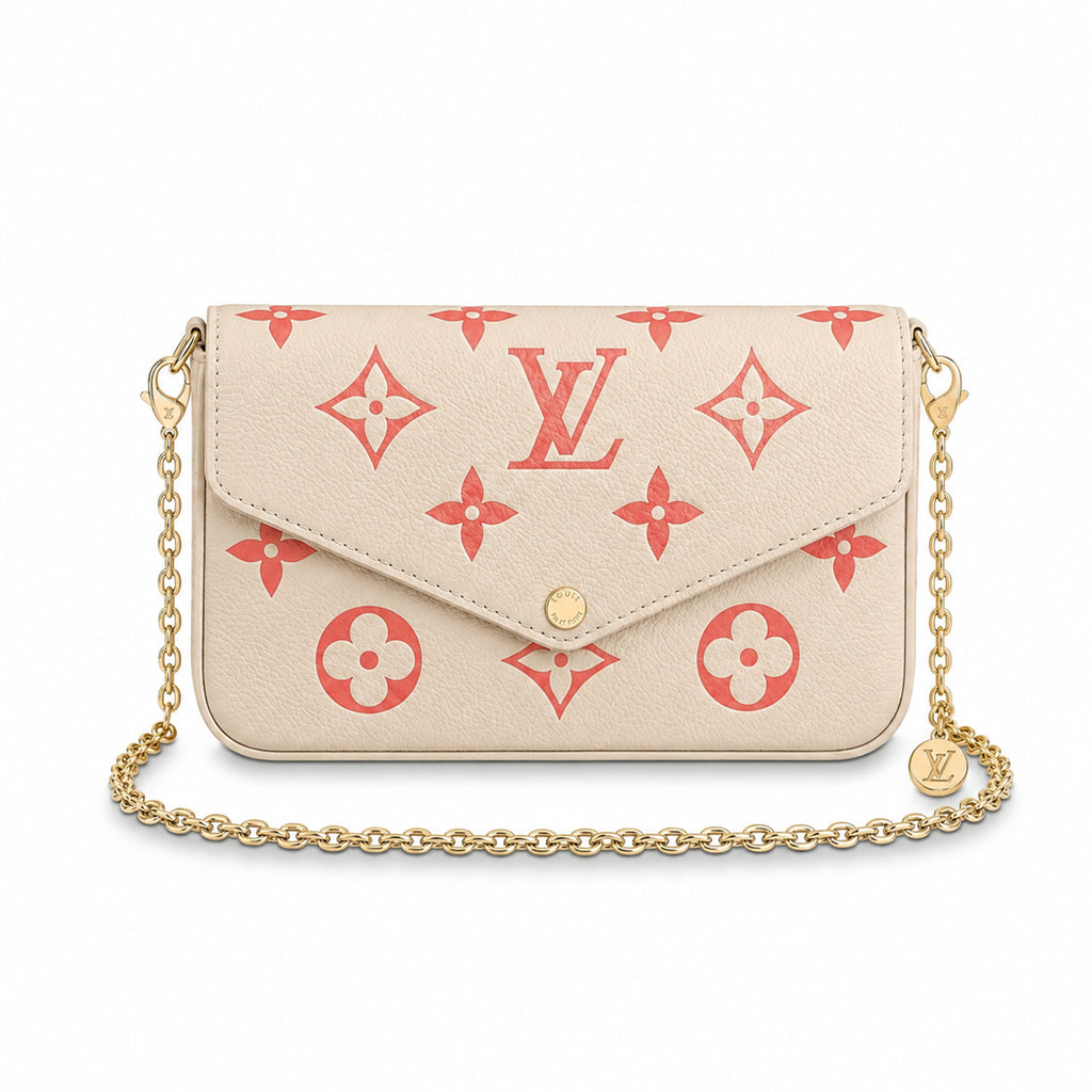 Chain Pochette Clutch - Bicolor Embossed Leather (Cream / Coral Pink)