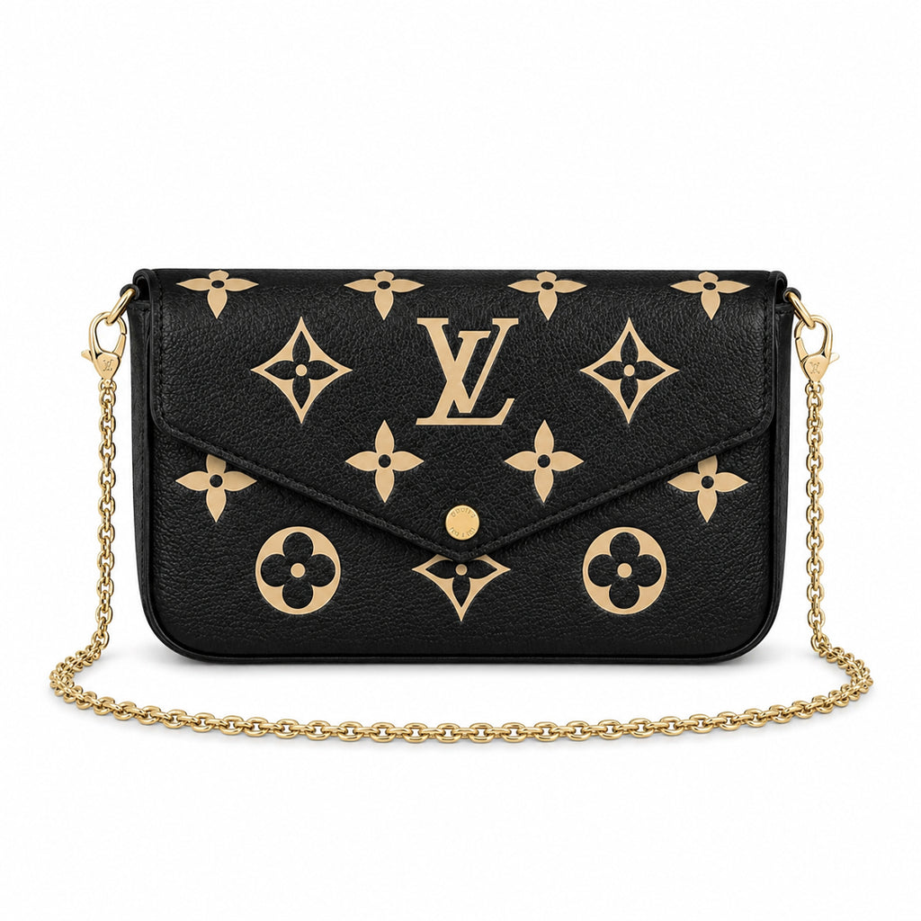 Chain Pochette Clutch - Bicolor Embossed Leather (Black / Beige)