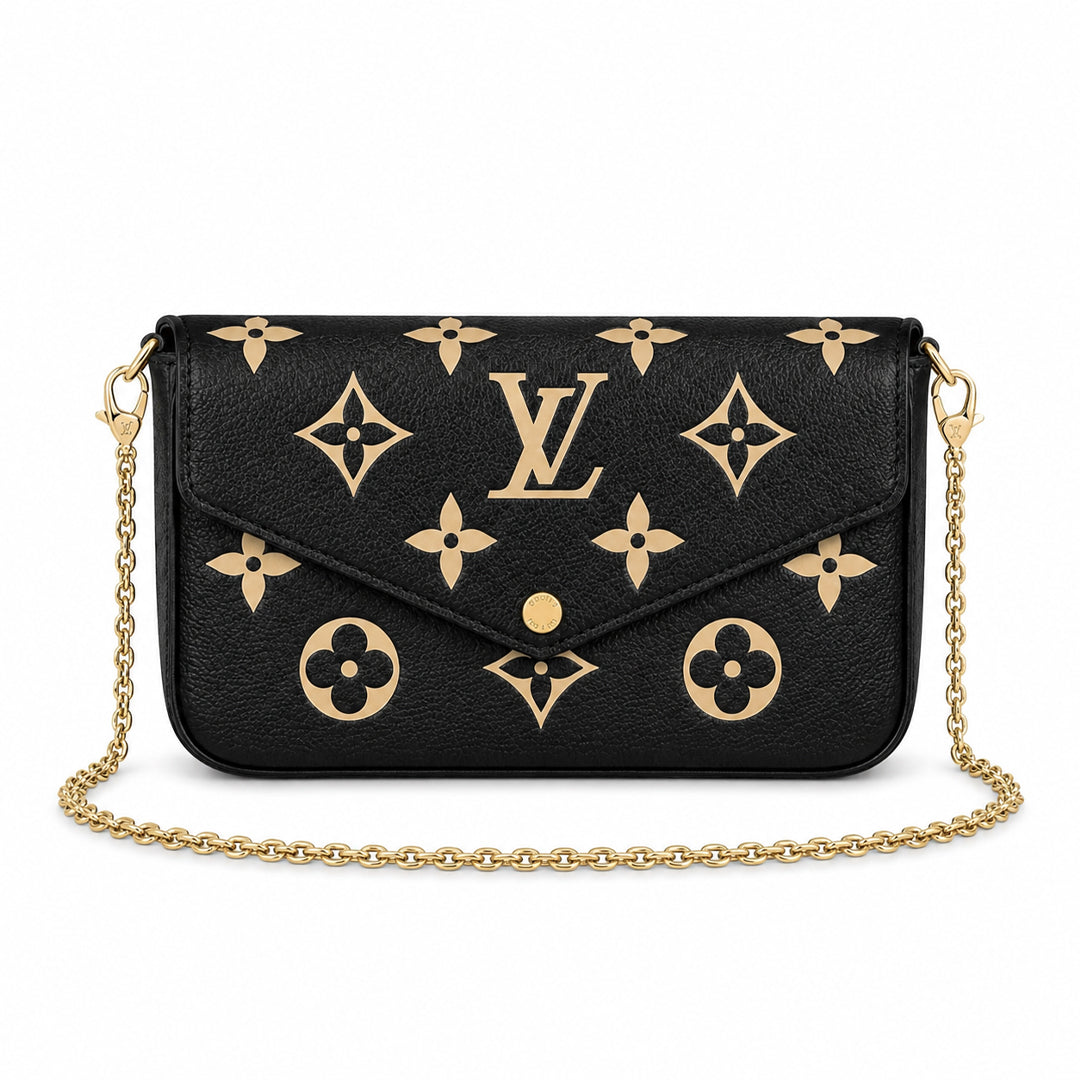 Chain Pochette Clutch - Bicolor Embossed Leather (Black / Beige)