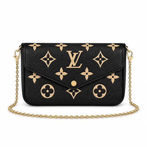 Chain Pochette Clutch - Bicolor Embossed Leather (Black / Beige)