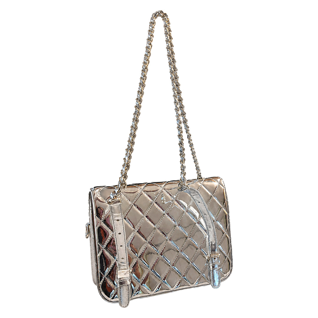 Silver Diamond Quilted Shoulder Bag