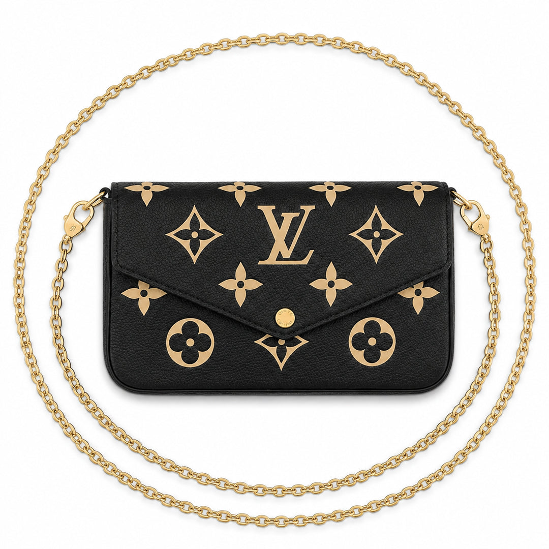 Chain Pochette Clutch - Bicolor Embossed Leather (Black / Beige)