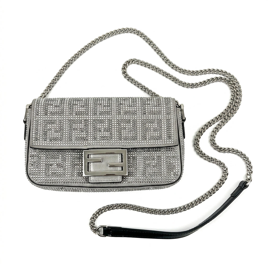 Mini Underarm Shoulder Bag - Silver Leather with Crystal Logo Motif