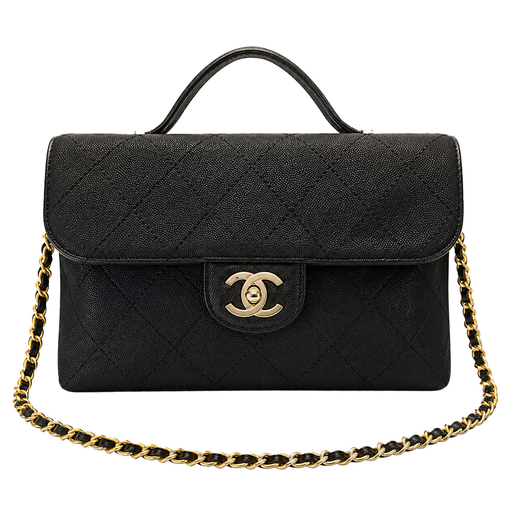 Quilted Top Handle Business Bag - Black Grained Quilted Calfskin