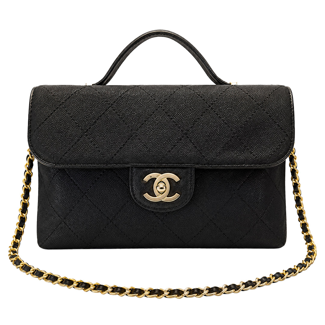 Quilted Top Handle Business Bag - Black Grained Quilted Calfskin