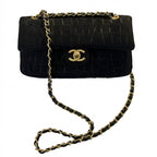 Vintage Double Flap Shoulder Bag - Black Croc-Embossed Suede & Velvet
