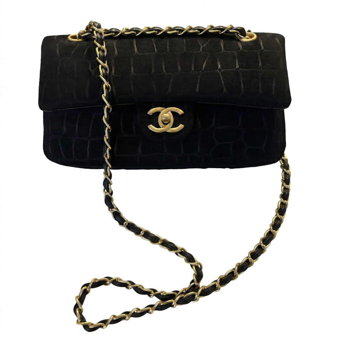 Vintage Double Flap Shoulder Bag - Black Croc-Embossed Suede & Velvet