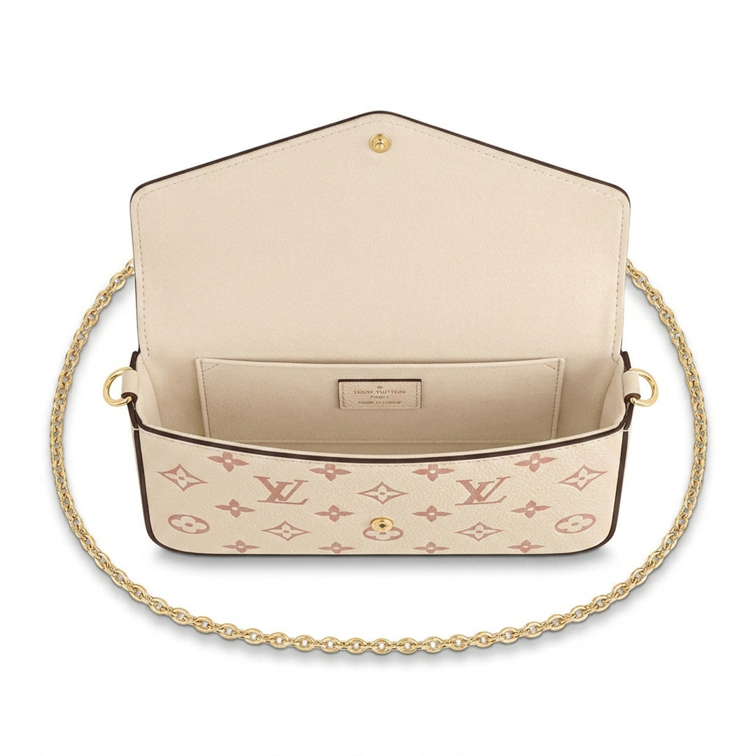Chain Pochette Clutch - Embossed Monogram-Print Leather (Cream / Pastel Pink)