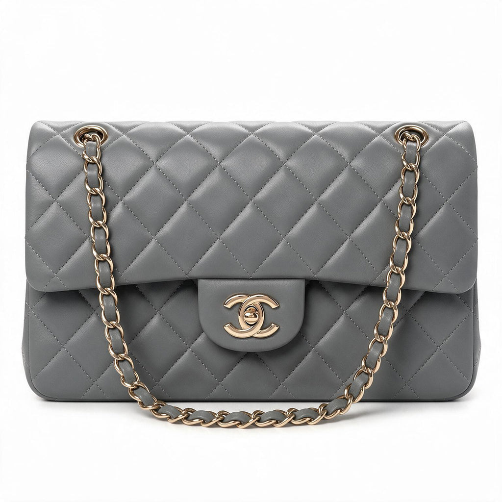 Medium Double Flap Shoulder Bag - Grey Lambskin & Gold Hardware