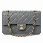 Medium Double Flap Shoulder Bag - Grey Lambskin & Gold Hardware