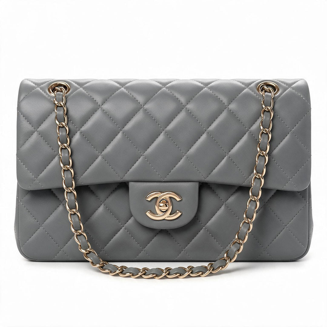 Medium Double Flap Shoulder Bag - Grey Lambskin & Gold Hardware
