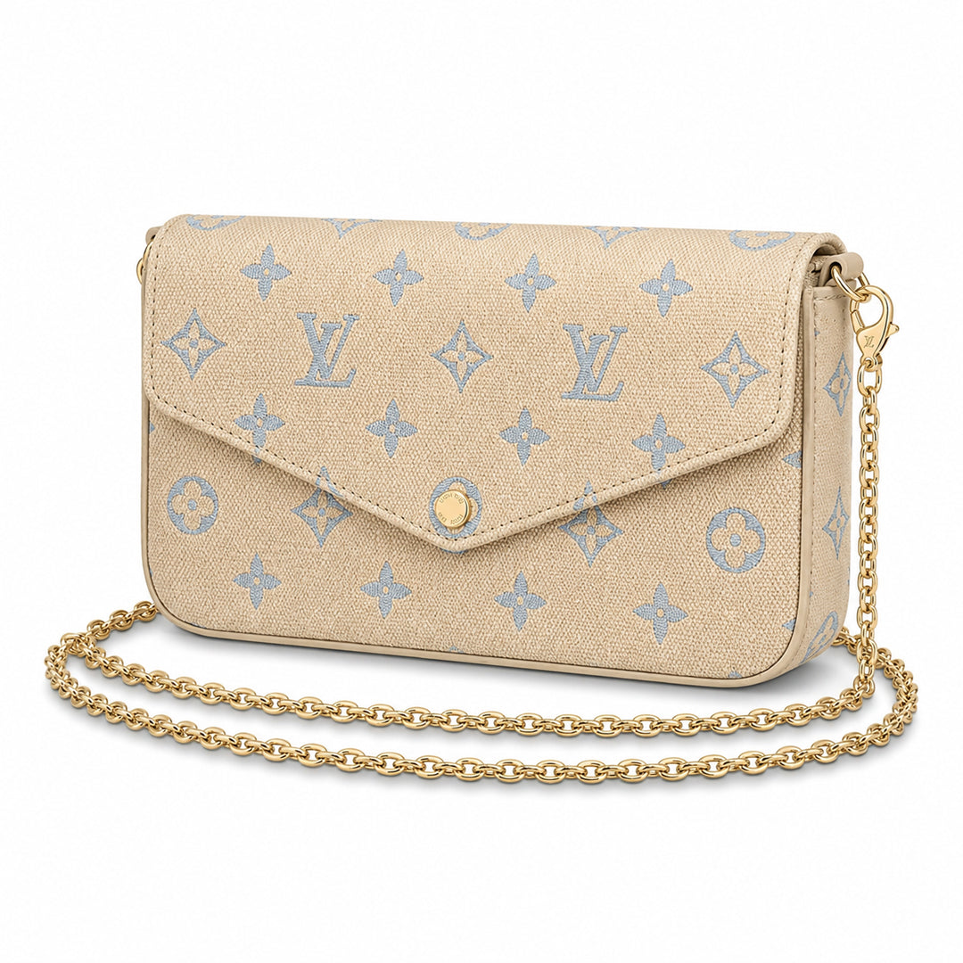 Chain Pochette Clutch - Jacquard Denim & Boucle (Beige / Blue)
