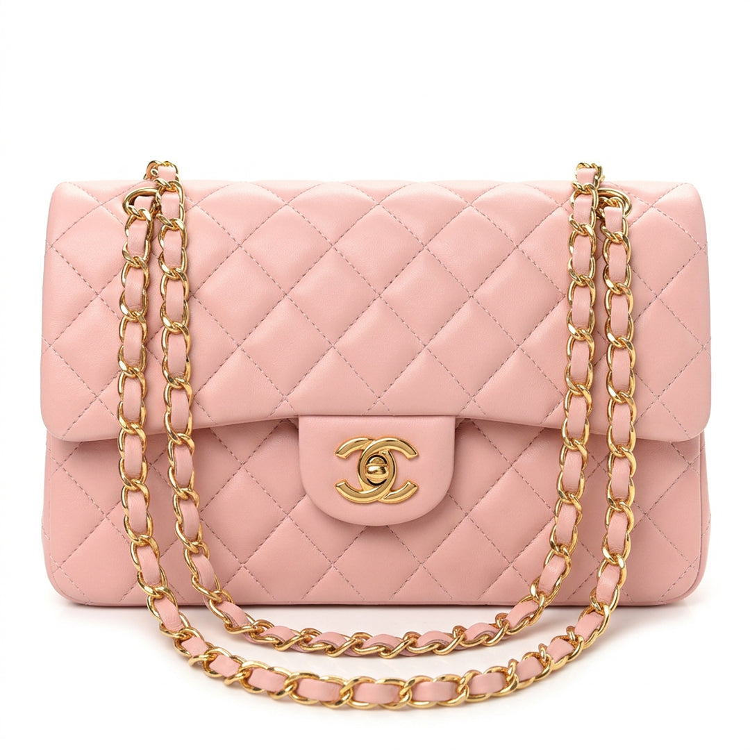 Medium Double Flap Shoulder Bag - Light Pink Lambskin & Gold Hardware