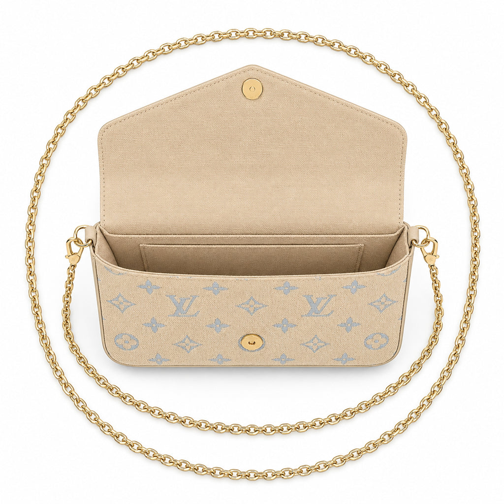 Chain Pochette Clutch - Jacquard Denim & Boucle (Beige / Blue)