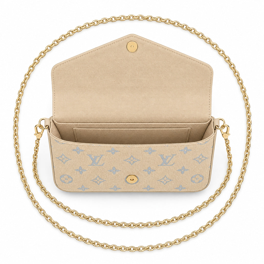 Chain Pochette Clutch - Jacquard Denim & Boucle (Beige / Blue)