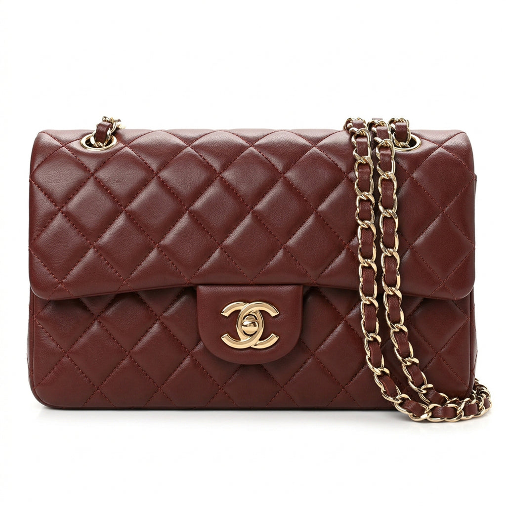 Medium Double Flap Shoulder Bag - Burgundy Grained Leather & Gold Hardware