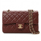 Medium Double Flap Shoulder Bag - Burgundy Grained Leather & Gold Hardware