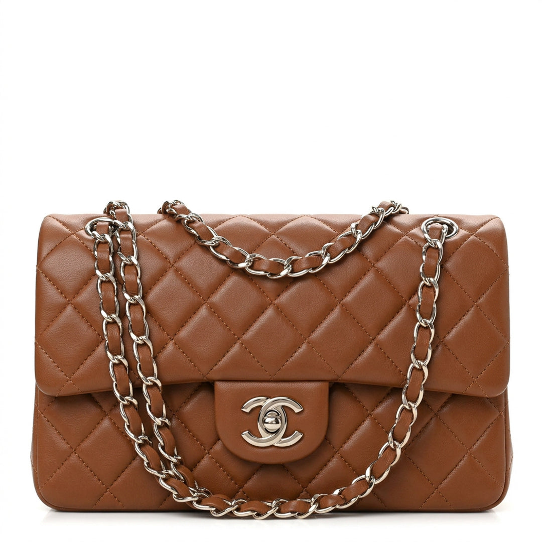 Medium Double Flap Shoulder Bag - Cognac Brown Lambskin & Silver Hardware