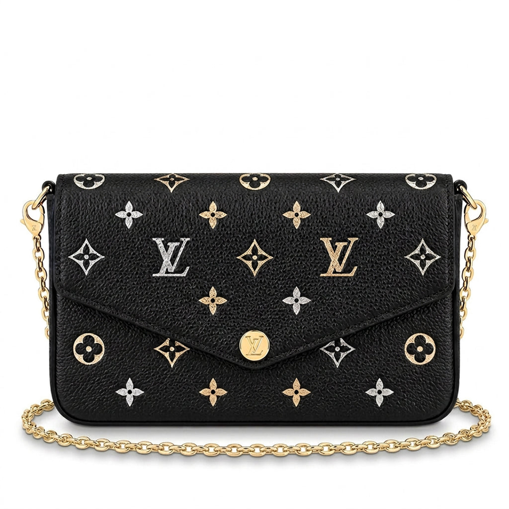 Chain Pochette Clutch - Metallic Stardust Embossed Leather (Black)