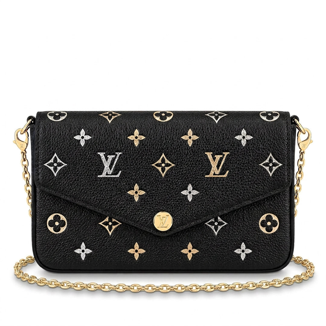 Chain Pochette Clutch - Metallic Stardust Embossed Leather (Black)