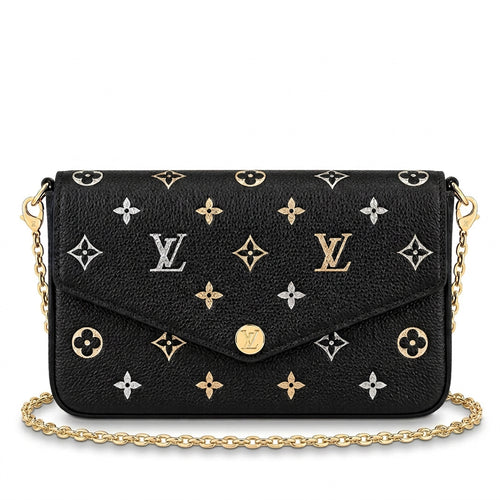 Chain Pochette Clutch - Metallic Stardust Embossed Leather (Black)