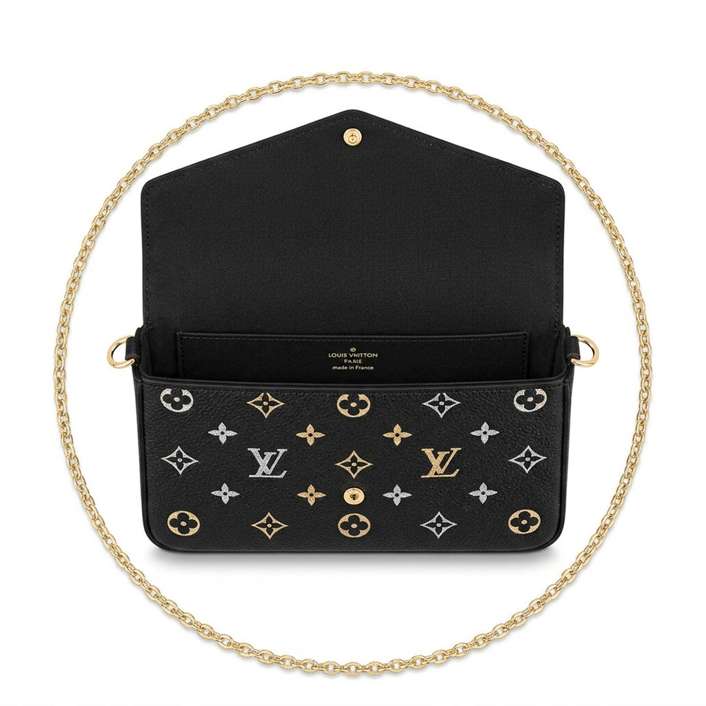 Chain Pochette Clutch - Metallic Stardust Embossed Leather (Black)