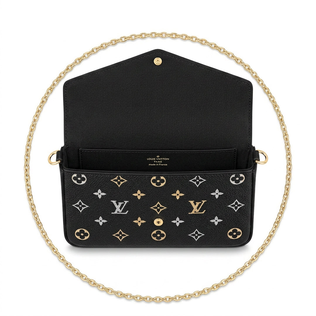 Chain Pochette Clutch - Metallic Stardust Embossed Leather (Black)