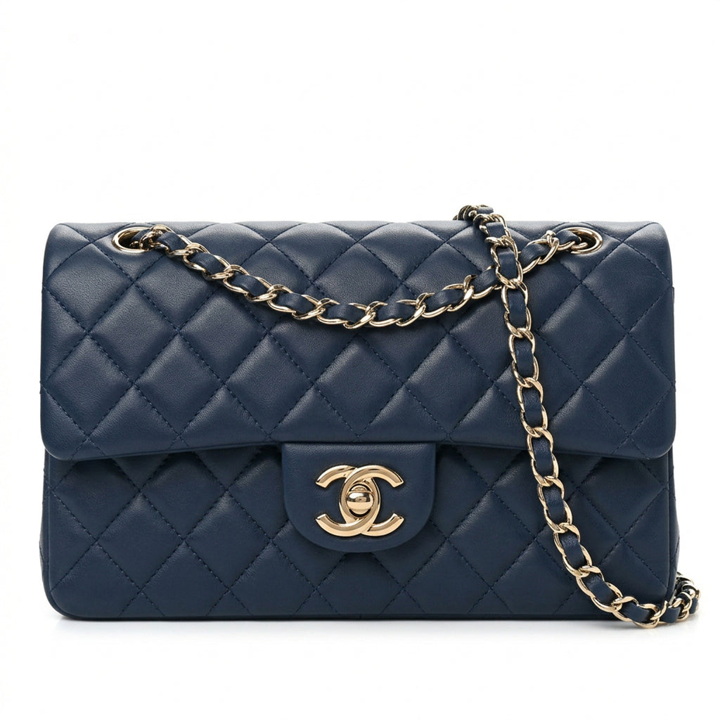 Medium Quilted Flap Bag - Navy Blue Lambskin & Gold Hardware