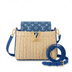 Mini Top Handle Structured Flap Bag - Woven Straw & Blue Denim Print Flap