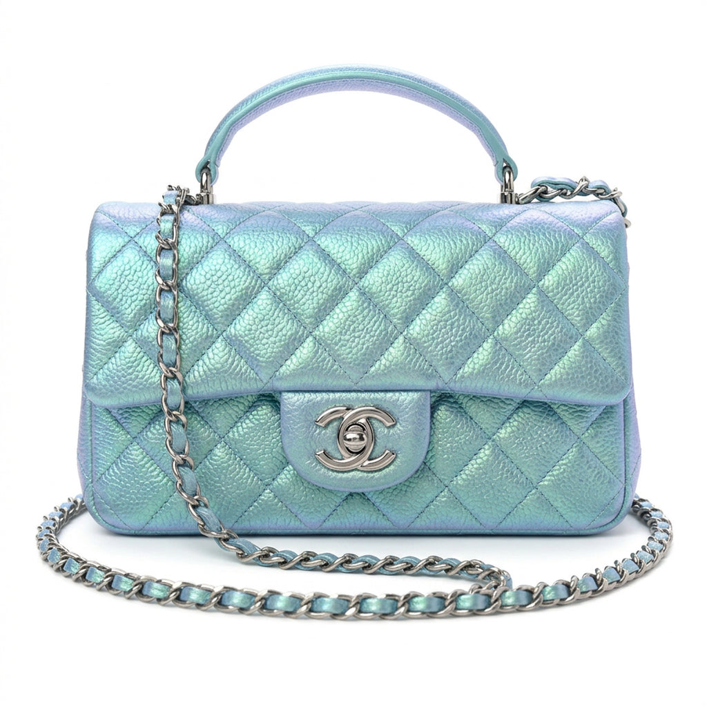 Mini Top Handle Flap Bag - Iridescent Mermaid Green Grained Leather