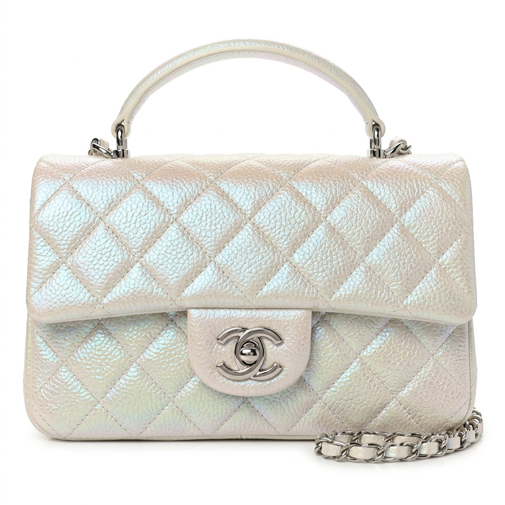 Mini Top Handle Flap Bag - Iridescent Pearl White Grained Leather