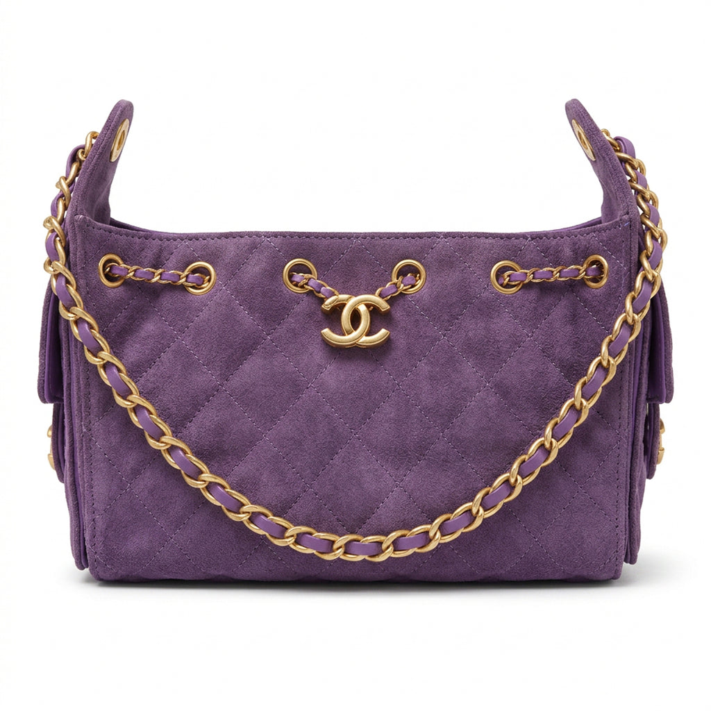 Drawstring Hobo Bag - Purple Suede & Gold Hardware
