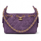 Drawstring Hobo Bag - Purple Suede & Gold Hardware