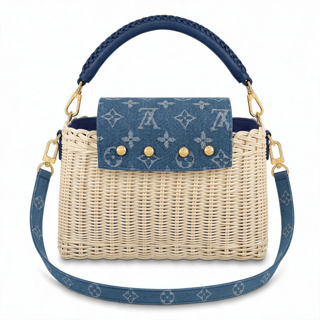 Mini Top Handle Structured Flap Bag - Handwoven Rattan Wicker & Blue Denim Print