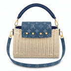 Mini Top Handle Structured Flap Bag - Handwoven Rattan Wicker & Blue Denim Print
