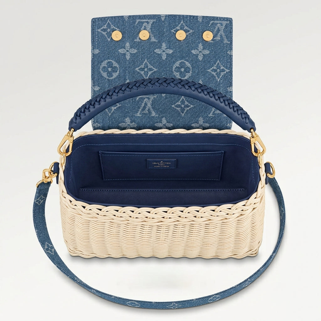 Mini Top Handle Structured Flap Bag - Handwoven Rattan Wicker & Blue Denim Print