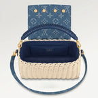 Mini Top Handle Structured Flap Bag - Handwoven Rattan Wicker & Blue Denim Print
