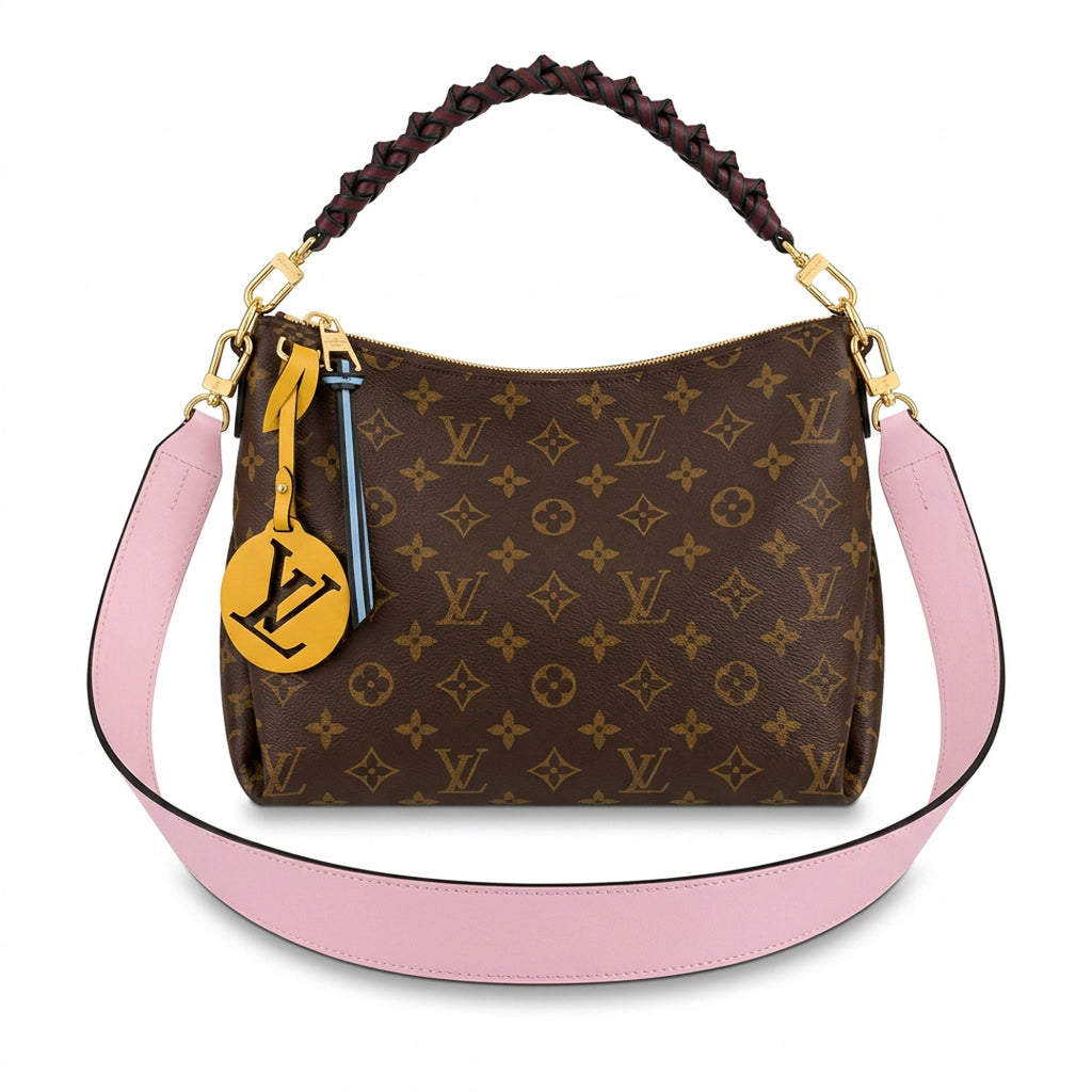 Woven-Handle Hobo Bag Medium - Monogram-Print Canvas & Pink Leather Strap