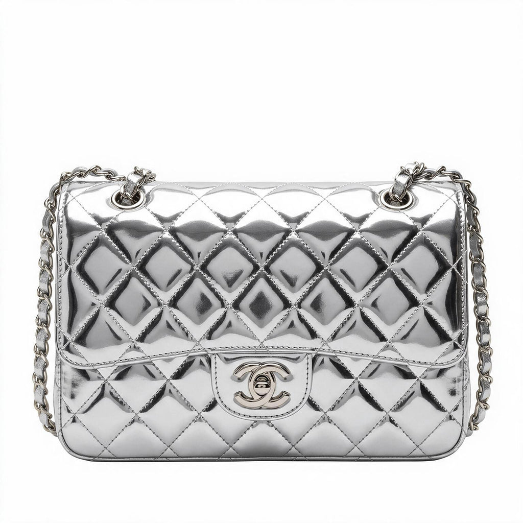 Medium Quilted Flap Bag - Silver Metallic Patent Leather & Silver Hardware