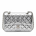 Medium Quilted Flap Bag - Silver Metallic Patent Leather & Silver Hardware