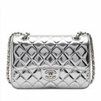 Medium Quilted Flap Bag - Silver Metallic Patent Leather & Silver Hardware