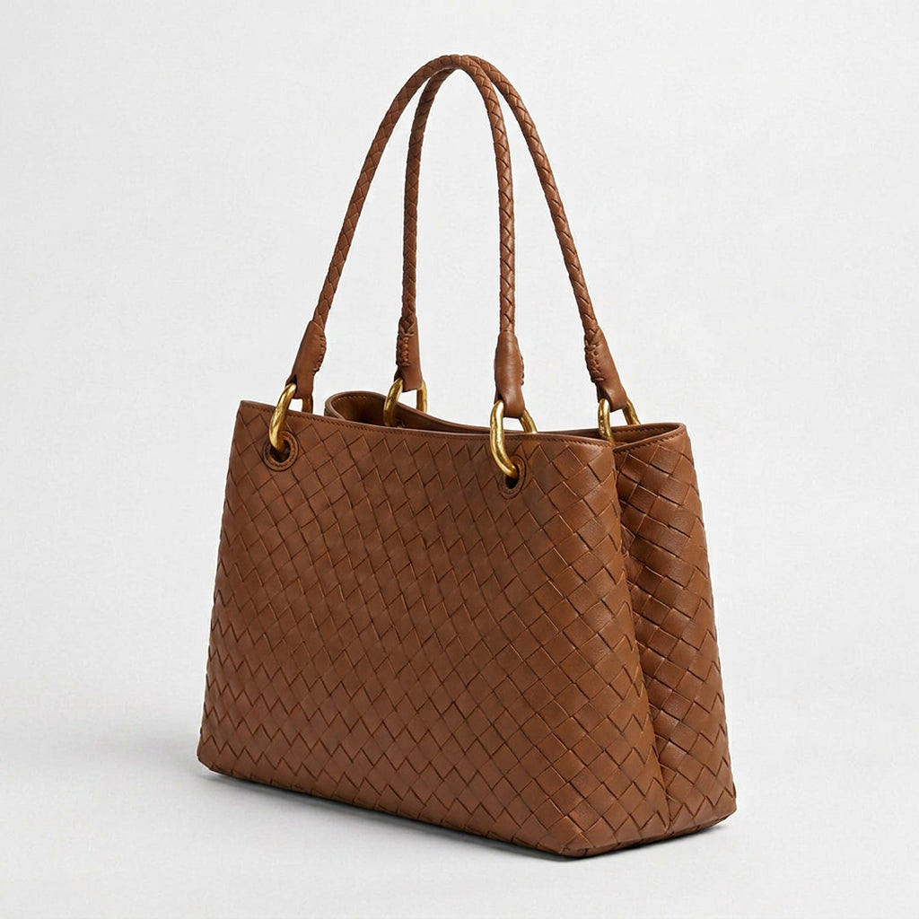 Small Woven Leather Tote - Basketweave Woven Leather (Brown)