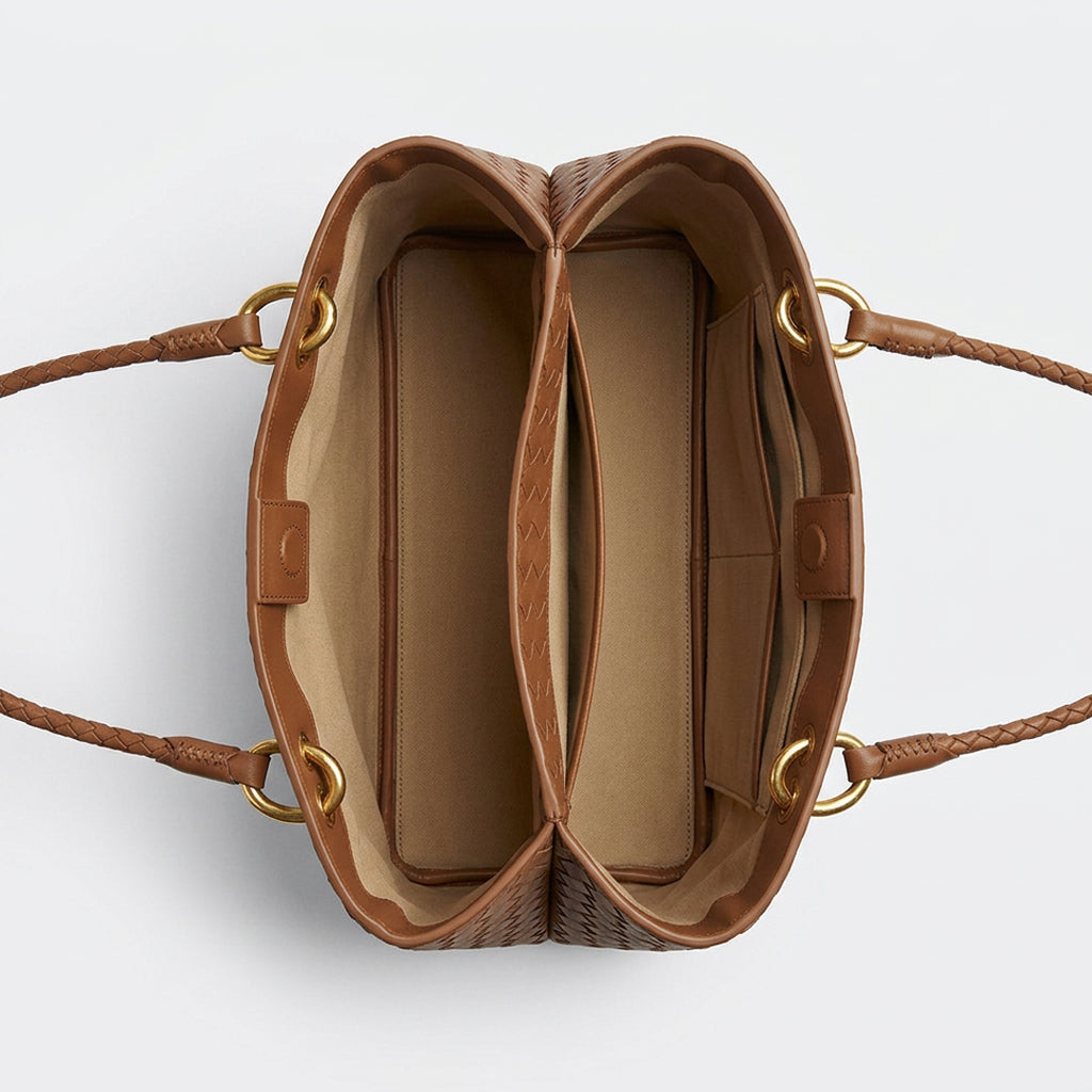 Small Woven Leather Tote - Basketweave Woven Leather (Brown)