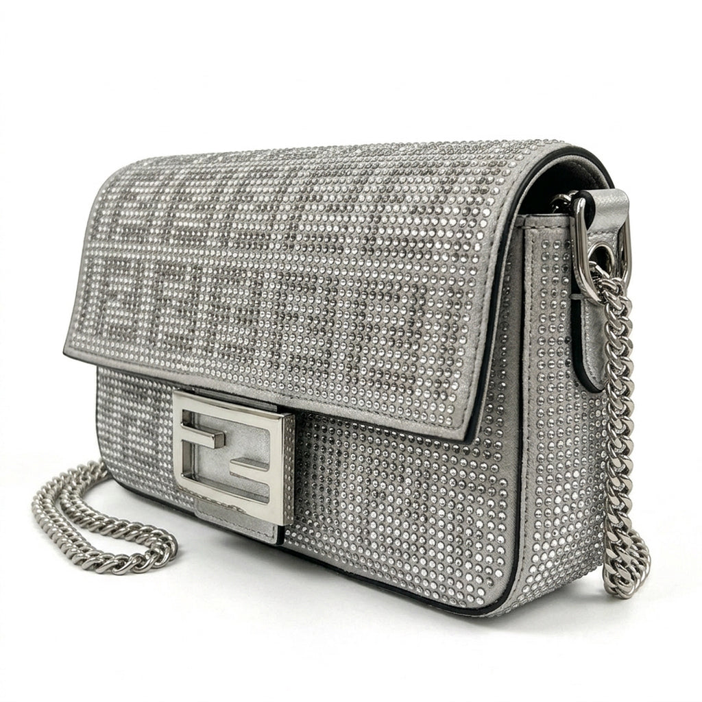 Mini Underarm Shoulder Bag - Silver Leather with Crystal Logo Motif