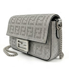 Mini Underarm Shoulder Bag - Silver Leather with Crystal Logo Motif