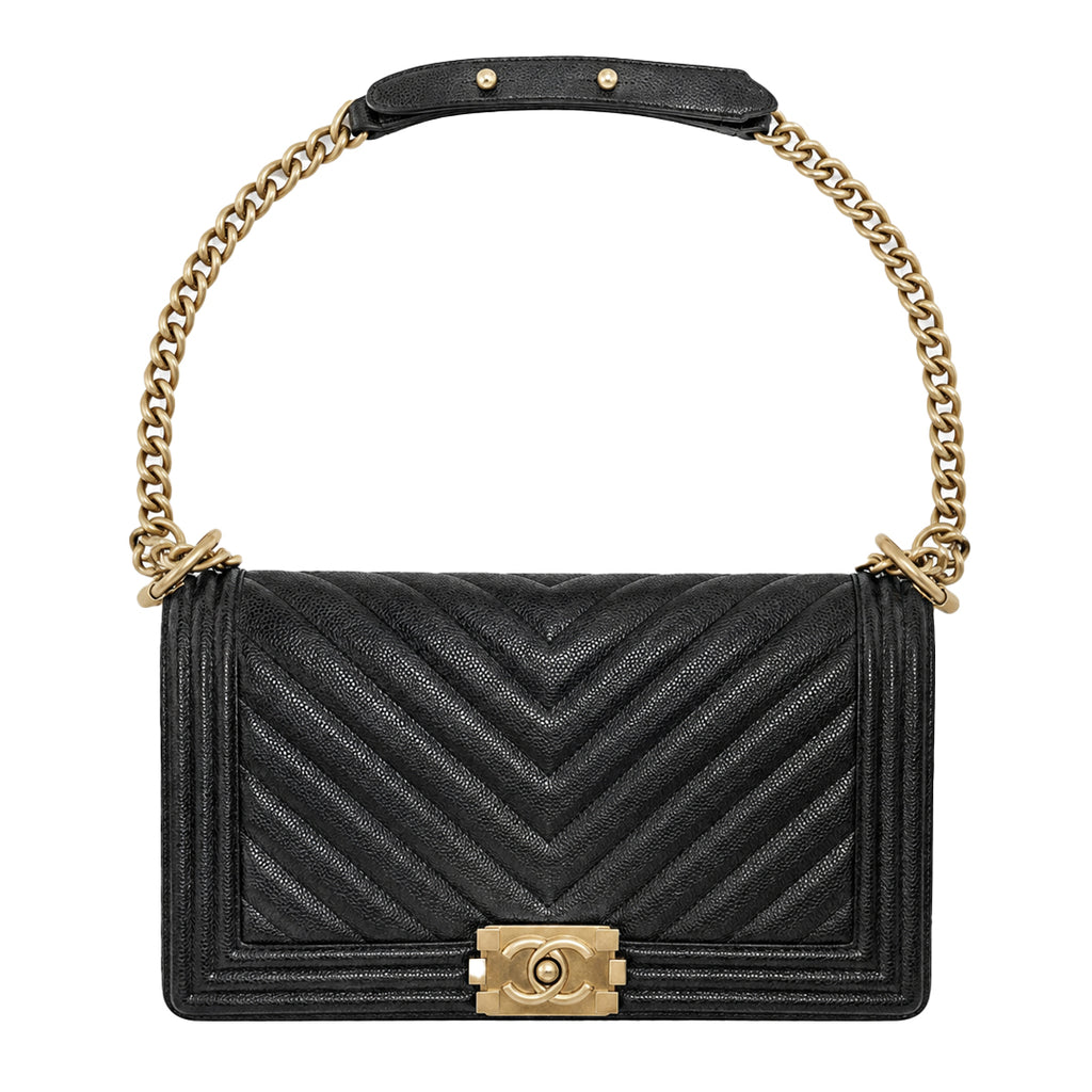 Boxy Quilted Flap Bag Medium - Black Chevron Grained Leather & Gold Hardware