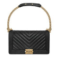 Boxy Quilted Flap Bag Medium - Black Chevron Grained Leather & Gold Hardware