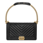 Boxy Quilted Flap Bag Medium - Black Chevron Grained Leather & Gold Hardware