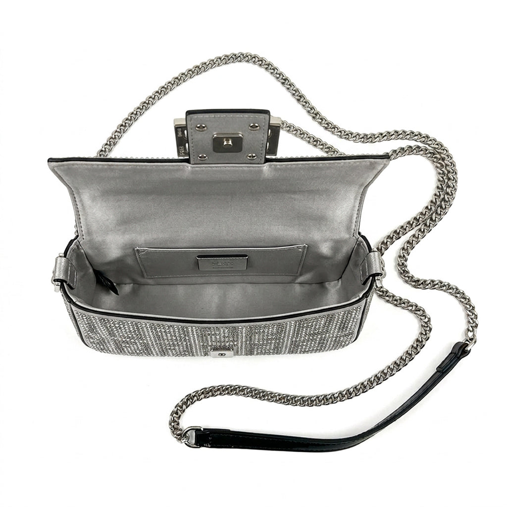 Mini Underarm Shoulder Bag - Silver Leather with Crystal Logo Motif