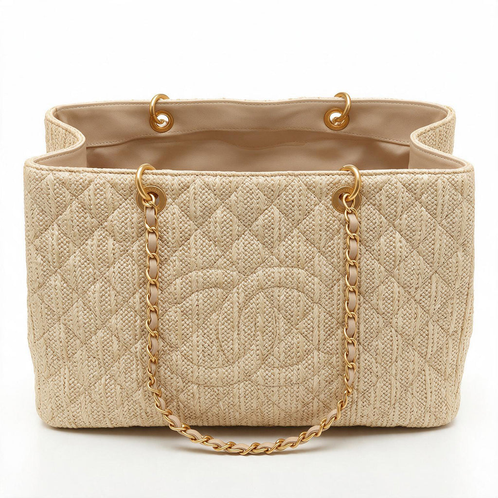 Large Straw Shopping Tote - Woven Raffia Beige & Gold Hardware